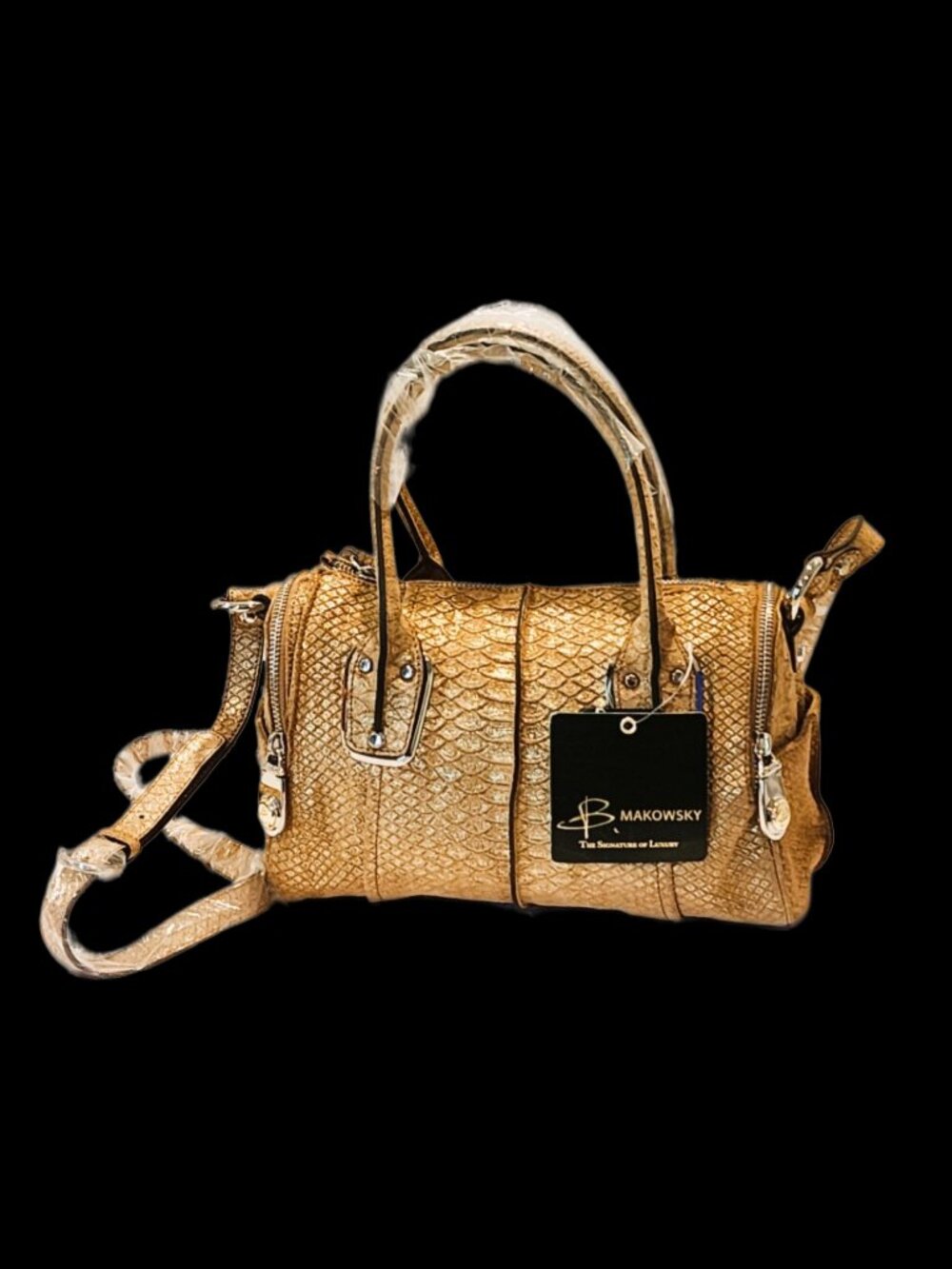 NWT B. Makowsky Whitney Gold Snakeskin Leather Satchel / Shoulder Bag Y2K Boho